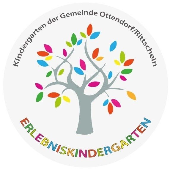 Kreisförmiges Logo mit einem Baum mit bunten Blättern und den Worten 'Kindergarten der Gemeinde Ottendorf/Rittschein' und 'Erlebniskindergarten'.