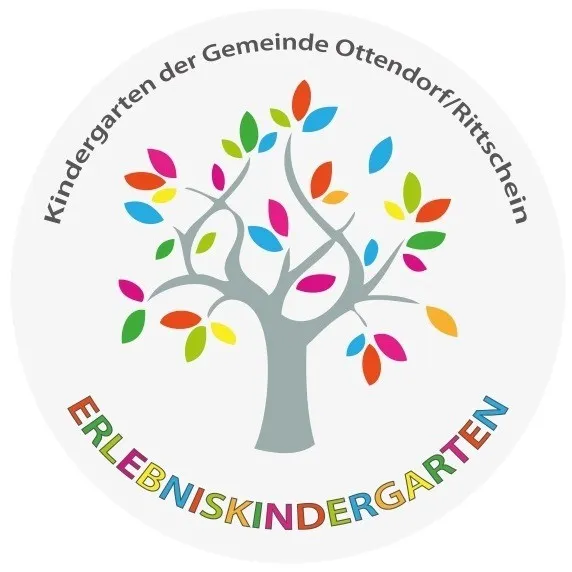 Kreisförmiges Logo mit einem Baum mit bunten Blättern und den Worten 'Kindergarten der Gemeinde Ottendorf/Rittschein' und 'Erlebniskindergarten'.