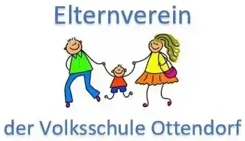 Eine Illustration einer Familie mit zwei Erwachsenen und einem Kind, die Händchen halten. Die Bildunterschrift lautet 'Elternverein der Volksschule Ottendorf'.