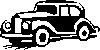 Eine Schwarz-Weiß-Illustration eines Oldtimers, der auf einer Straße fährt, mit einer detaillierten Vorderansicht, die Scheinwerfer, Kühlergrill und Stoßstange zeigt.