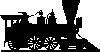 Schwarz-Weiß-Silhouette einer Dampflokomotive auf Gleisen, die Dampf aus dem Schornstein ausstößt, mit sichtbaren Rädern und Details der Motorstruktur.