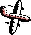 Illustration eines stilisierten Flugzeugs mit schwarzen Flügeln und einem roten und rosa Streifen auf dem Rumpf, vor weißem Hintergrund.