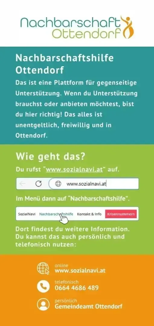Ein Plakat mit Informationen über Nachbarschaftshilfe in Ottendorf. Es bietet einen Link zu einer Website und eine Telefonnummer für weitere Informationen.