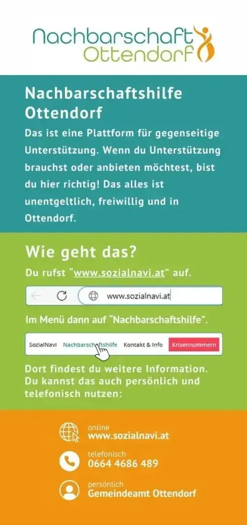 Ein Plakat mit Informationen über Nachbarschaftshilfe in Ottendorf. Es bietet einen Link zu einer Website und eine Telefonnummer für weitere Informationen.