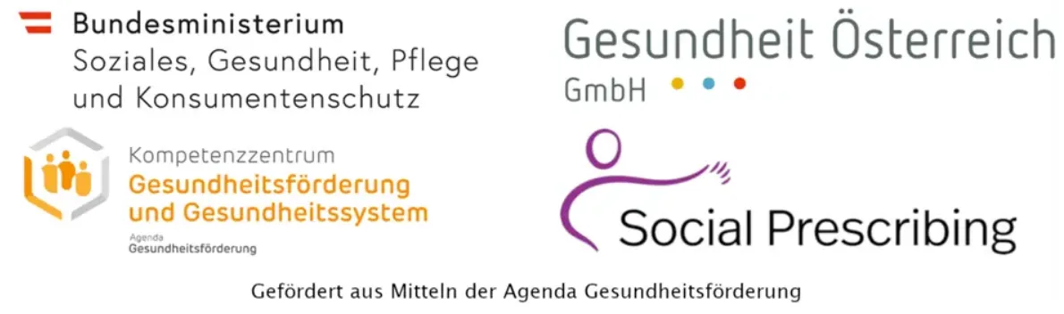 Logo des deutschen Gesundheitsministeriums mit einer violetten Figur mit ausgestrecktem Arm, dem Text 'Social Press' und den Logos des Ministeriums für Gesundheit, Pflege und Verbraucherschutz sowie des Zentrums für Gesundheitsförderung und Prävention.