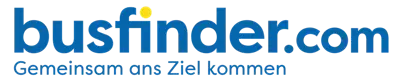 Das Logo von Busfinder.com auf schwarzem Hintergrund. Der Text ist blau mit einem gelben Highlight auf dem Wort 'finder'.
