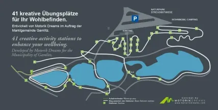 Eine Karte von Gamlitz mit 41 kreativen Aktivitätsstationen zur Verbesserung des Wohlbefindens, entwickelt von Motorik Dreams für die Gemeinde Gamlitz.