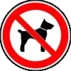 Ein rotes und weißes Schild mit einer schwarzen Umrisslinie eines Hundes und einer roten Linie, die es durchkreuzt, was auf keine Hunde erlaubt hinweist.