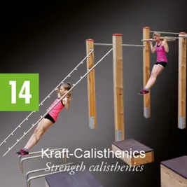 Zwei Frauen führen Kraft-Kalisthentik-Übungen an einem Holzgerät durch. Eine klettert eine Leiter, während die andere Klimmzüge an einer Stange macht.