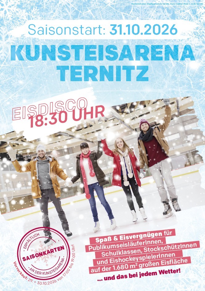 Ein Plakat für die Kunsteisarena Ternitz in Österreich, das eine Gruppe von Menschen beim Eislaufen im Schnee zeigt.