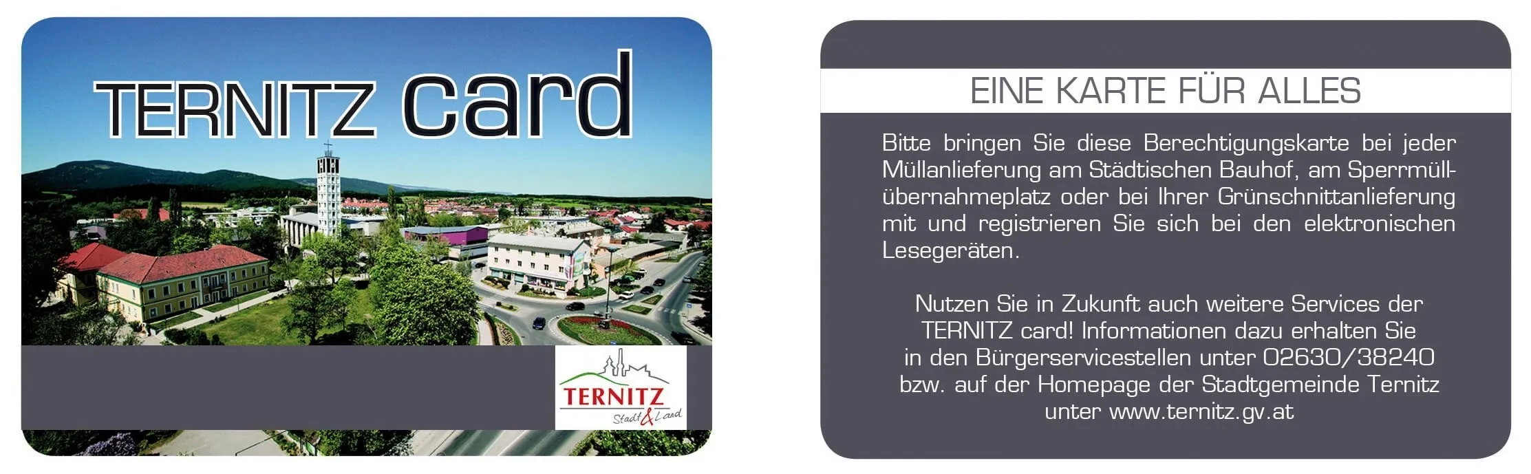 Eine Stadtwerbung für Einard mit einem Foto der Stadtlandschaft. Es enthält eine Bitte, Müllsammel- und Recyclingbehälter mitzubringen. Es wird auch erwähnt, TERNITZ in der Stadt oder im Land zu verwenden.