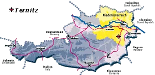 Eine Karte von Niederösterreich, einem Bundesland in Österreich, mit verschiedenen Routen und Orten markiert. Die Karte zeigt Straßen, Eisenbahnen und wichtige Wahrzeichen. Ein Sternsymbol kennzeichnet einen bestimmten Ort von Interesse.