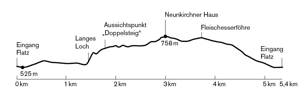 Ein Diagramm, das das Höhenprofil einer Wanderroute zeigt. Die Route beginnt bei 'Langes Loch', erreicht den höchsten Punkt bei 'Doppelsteig' und endet bei 'Fleischessersföhre'. Der höchste Punkt liegt bei 758 Metern über dem Meeresspiegel.