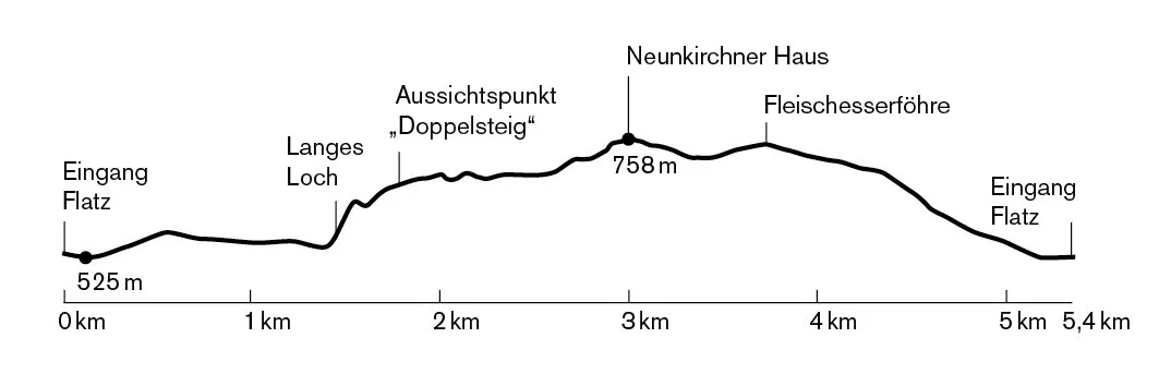 Ein Diagramm, das das Höhenprofil einer Wanderroute zeigt. Die Route beginnt bei 'Langes Loch', erreicht den höchsten Punkt bei 'Doppelsteig' und endet bei 'Fleischessersföhre'. Der höchste Punkt liegt bei 758 Metern über dem Meeresspiegel.