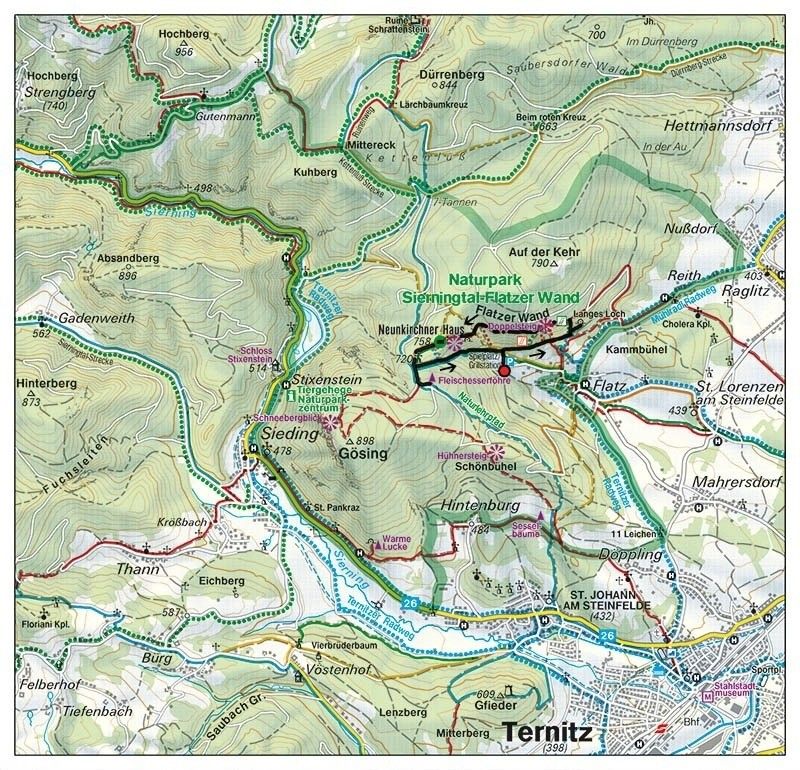 Eine topografische Karte der Region Ternitzer Alpen, die verschiedene Orte wie Neunkirchner Haus, Siebental-Flatzer Wand und Naturpark zeigt. Sie enthält Höhenangaben, Wanderwege und bemerkenswerte Sehenswürdigkeiten.