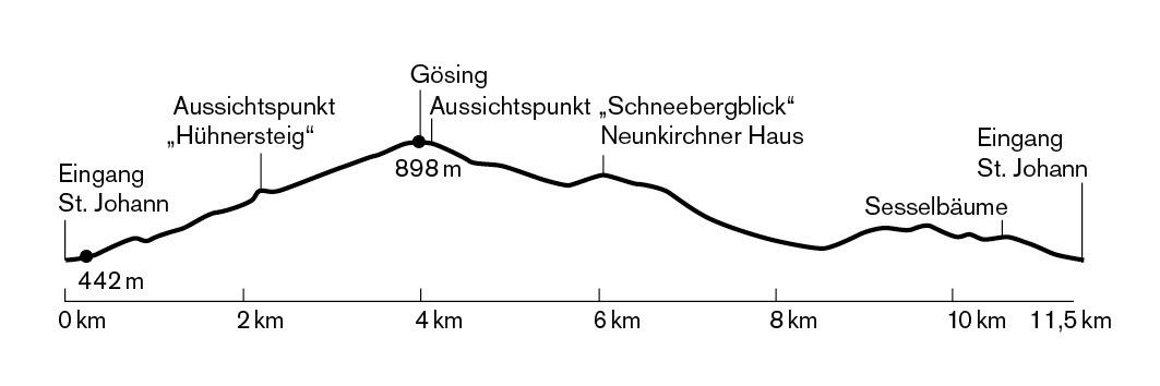 Ein Liniendiagramm zeigt eine Wanderroute mit zwei Aussichtspunkten, Gösing und Sesselbau. Der höchste Punkt bei 898 m befindet sich bei Gösing.