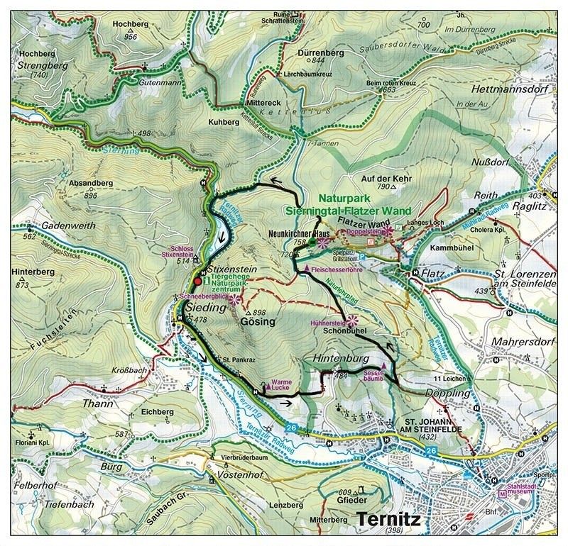 Eine topographische Karte mit verschiedenen Orten, Wegen und geografischen Merkmalen. Bemerkenswerte Orte sind Naturpark, St. Johann und Ternitz.
