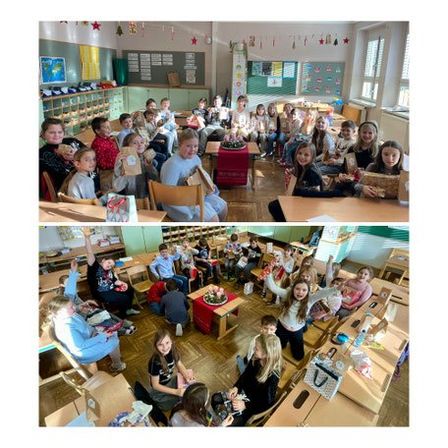 Zwei Bilder von Kindern im Klassenzimmer. Eine Gruppe sitzt mit Geschenken, die andere steht mit erhobenen Händen und Geschenken. Eine festliche Atmosphäre ist erkennbar.