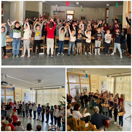 Drei Collage von Kindern, die an einer Singaktivität teilnehmen, eine mit erhobenen Händen, eine mit einer Lehrerin und eine mit Musikinstrumenten.