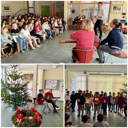 Eine Collage von Bildern zeigt ein mit Kindern gefülltes Klassenzimmer, das eine Aufführung hört, zwei Frauen, die Gitarre spielen, einen Weihnachtsbaum mit Kerzen und Kinder, die Kerzen halten.