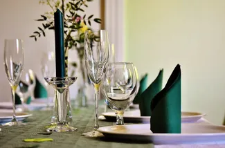 Glass, Dining Table, Furniture, Table, Dining Room, Tabletop, Candle, Goblet, Wine Glass, Plate
