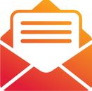 Ein offenes Umschlag-Symbol mit einem Stück Papier darin, das eine Nachricht oder Benachrichtigung andeutet. Das Symbol ist in Orange und Weiß vergraduiert.