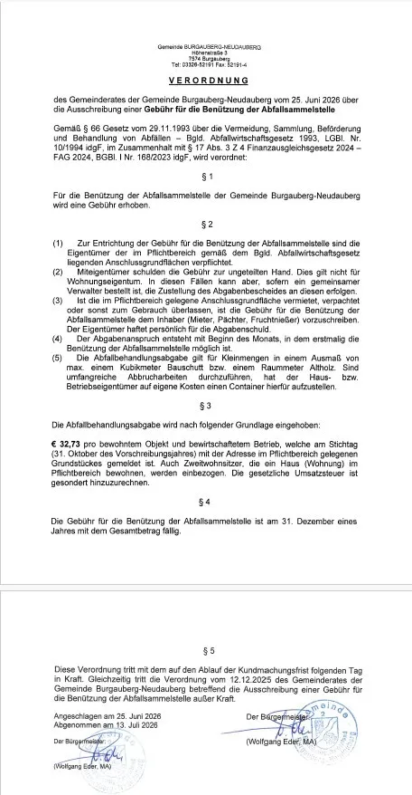 Eine Verordnung der Gemeinde Burgauberg-Neudauberg vom 25. Juni 2026 legt eine Gebühr für die Nutzung der Abfallsammelstelle fest. Das Dokument gibt die Gebührenstruktur, Bedingungen und den Fälligkeitstermin der Gebühr an. Es erwähnt auch die Berechnung der Gebühr basierend auf der Adresse des Grundstücks und der geltenden Abfallhandhabungsgebühr.