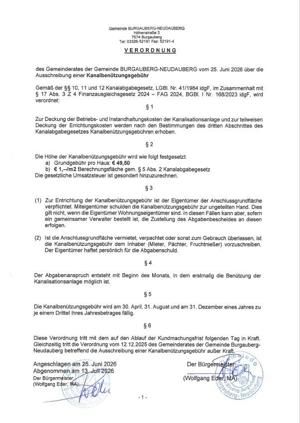 Eine Gemeindeverordnung von Burgauberg-Neudauberg vom 25. Juni 2026 regelt die Anmeldung einer Kanalnutzungsgebühr. Die Gebühr basiert auf der Größe des Grundstücks und ist in drei Raten zu zahlen. Die Gebühr ist am 30. April, 31. August und 31. Dezember eines Jahres fällig. Die Verordnung wurde am 13. Juli 2026 vom Bürgermeister unterzeichnet.