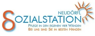 Das Logo der Neudorf Sozialstation zeigt eine Sonne mit Strahlen und den Text 'Sozialstation', begleitet von dem Slogan 'Pflege in den eigenen vier Wänden, bei uns sind Sie in besten Händen'.