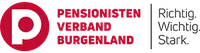 Das Logo des Pensionistenverbandes Burgenland zeigt einen roten Kreis mit einem weissen 'P', roten Text, der 'PENSIONISTEN VERBAND BURGENLAND' liest, und einen Slogan 'Richtig. Wichtig. Stark.' auf schwarzem Hintergrund.