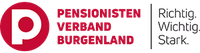 Das Logo des Pensionistenverbandes Burgenland zeigt einen roten Kreis mit einem weissen 'P', roten Text, der 'PENSIONISTEN VERBAND BURGENLAND' liest, und einen Slogan 'Richtig. Wichtig. Stark.' auf schwarzem Hintergrund.