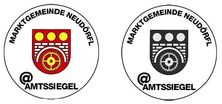 Zwei kreisförmige Logos für die Gemeinde Neudorf, mit einem roten und schwarzen Emblem, darunter steht 'Amtssiegel'.