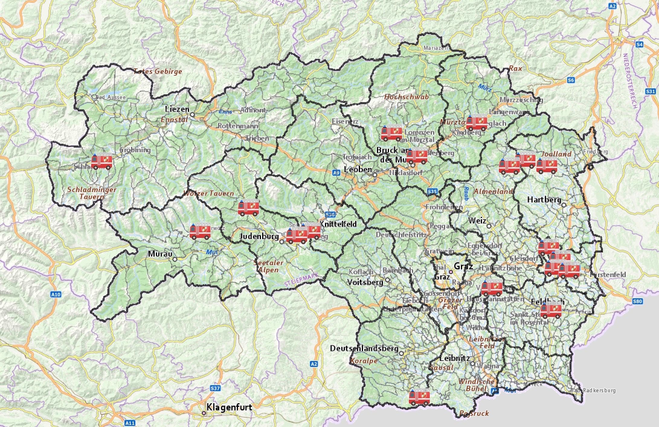 Eine Karte von Österreich mit verschiedenen Orten markiert, einschließlich Städte und Rettungsdienste. Rote Symbole zeigen Feuerwehrwachen an.