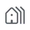 Ein stilisiertes Symbol eines Hauses mit Tür und Fenstern, in Weiß auf schwarzem Hintergrund konturiert.