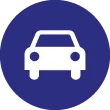 Ein weißes Auto-Symbol in einem blauen Kreis. Das Auto hat Scheinwerfer und eine Windschutzscheibe.