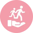 Ein rosa Kreis enthält ein weißes Symbol einer Hand, die ein Kind beim Rennen hält.