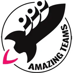 Schwarz-weißes Raketenlogo mit einer pinken Kurve und den Worten 'Amazing Teams' in weißer Schrift.