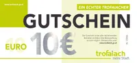 Das Bild zeigt einen gelben Hintergrund mit einem fetten schwarzen Text 'EIN ECHTER' und einem großen silbernen 10€-Symbol. Der Text darunter lautet 'Der Gutschein ist bei Betrieben einlösbar. ist nicht möglich.' am unteren Rand.
