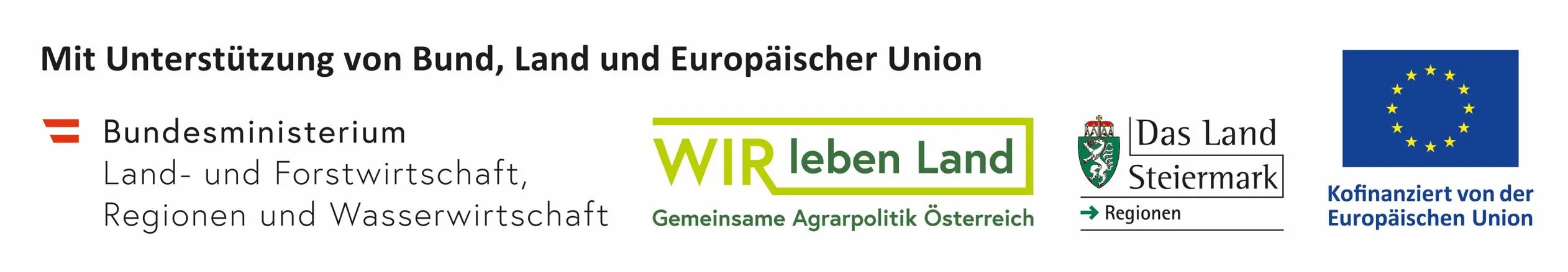 Ein weißer Hintergrund mit grünem Text. Es steht 'und Europäische Union'. Darunter steht 'WIR leben Land' und 'Gemeinsame Agrarpolitik Österreich'. Es hat einen grünen Rand.