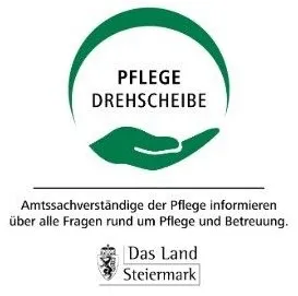 Das Logo zeigt einen grünen Kreis mit einer Hand und dem Text 'PFLEGE DREHSCHEIBE'. Darunter steht 'Amtssachverstandige der Pflege informieren uber alle Fragen rund um Pflege und Betreuung'. Unten ist 'Das Land Steiermark' mit einem Wappen abgebildet.