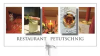 Vier Bilder zeigen eine Restaurant-Atmosphäre. Eines zeigt Weingläser, ein anderes ein Getränk mit Garnierung, eine Kerze in einem Halter und eine Speisekarte mit einem Weinglas. Darunter steht der Name 'RESTAURANT PETUTSCHNIG'.