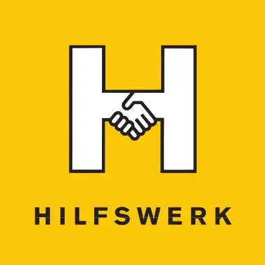 Das Logo von Hilfswerk zeigt den Buchstaben 'H', der von zwei sich schüttelnden Händen gebildet wird, vor einem leuchtend gelben Hintergrund.