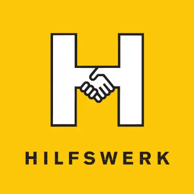 Das Logo von Hilfswerk zeigt den Buchstaben 'H', der von zwei sich schüttelnden Händen gebildet wird, vor einem leuchtend gelben Hintergrund.