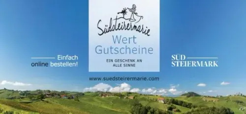 Ein Bild einer grünen Anhöhe mit einer Website-Werbung für Sudsteierrmarie.com mit einem Weinglas und dem Text 'Einfach online bestellen'.