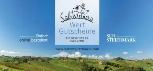 Ein Bild einer grünen Anhöhe mit einer Website-Werbung für Sudsteierrmarie.com mit einem Weinglas und dem Text 'Einfach online bestellen'.
