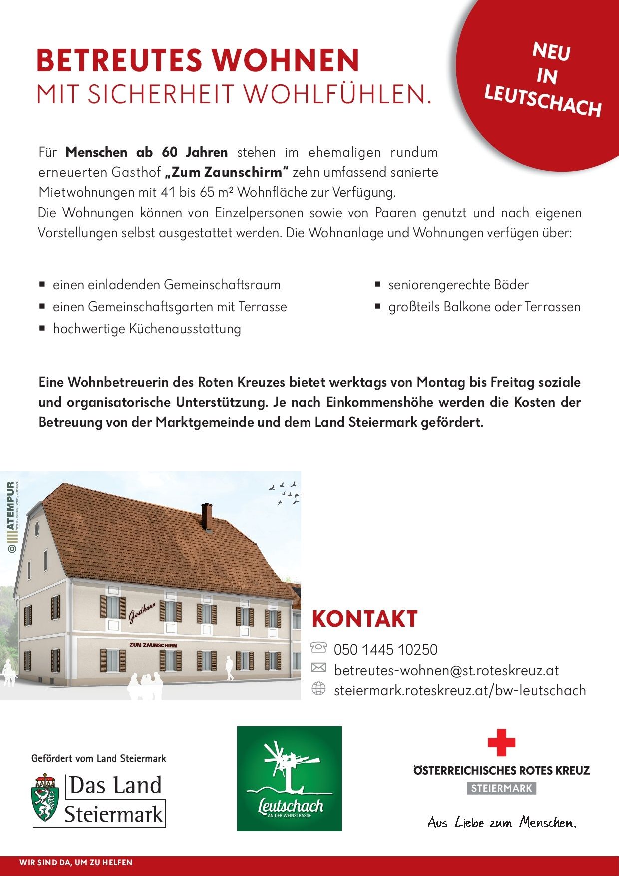 Eine Werbung für eine Seniorenwohnanlage namens Zum Zaunschirm, mit einer Illustration des Gebäudes, Kontaktdaten und Annehmlichkeiten.