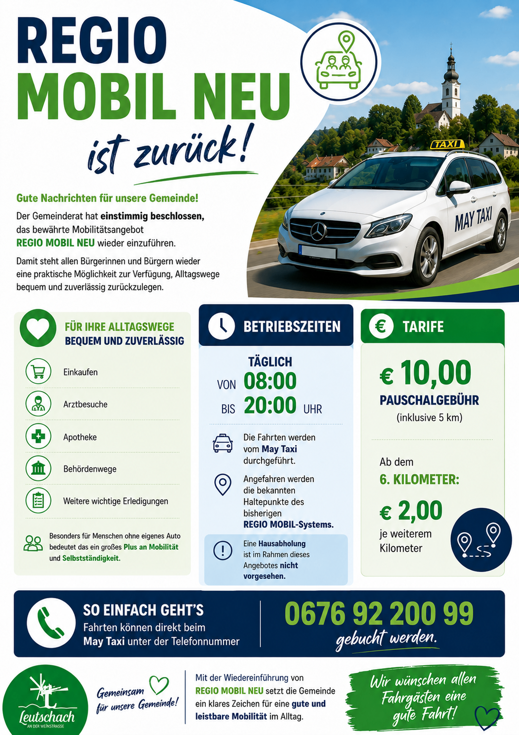 Eine Werbung für einen Taxidienst namens Regio Mobil Neu, mit einem weißen Mercedes-Taxi mit einem Taxi-Schild auf dem Dach, der von 8:00 Uhr bis 20:00 Uhr fährt, mit einem Grundpreis von 10,00 Euro und zusätzlichen Gebühren für Entfernungen über 5 Kilometer.