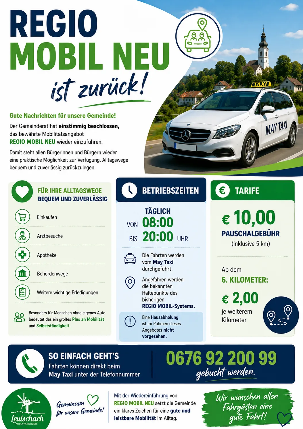Eine Werbung für einen Taxidienst namens Regio Mobil Neu, mit einem weißen Mercedes-Taxi mit einem Taxi-Schild auf dem Dach, der von 8:00 Uhr bis 20:00 Uhr fährt, mit einem Grundpreis von 10,00 Euro und zusätzlichen Gebühren für Entfernungen über 5 Kilometer.