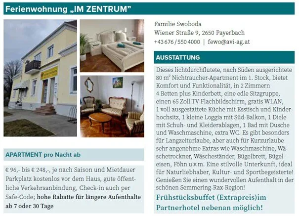 Das Bild zeigt eine Anzeige für eine Ferienwohnung. Es enthält ein Foto des Hauses, Details zur Unterkunft und Preisinformationen. Der Text ist auf Deutsch.