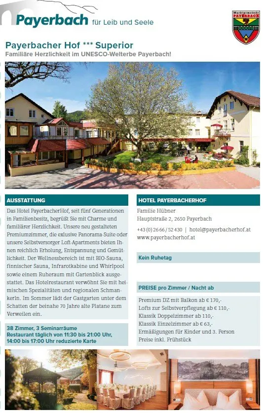 Das Bild zeigt eine Werbung für das Hotel Payerbacher Hof, mit einem Foto des Hotelaußenbereichs und Informationen über seine Annehmlichkeiten, einschließlich familienfreundlicher Zimmer, eines Wellnessbereichs und eines Restaurants. Es hebt die Lage des Hotels in Payerbach, Österreich, einem UNESCO-Welterbe, hervor.